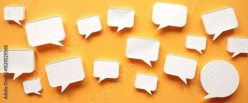 White speech bubbles arranged on a clean surface, top-down view,   texture,  empty