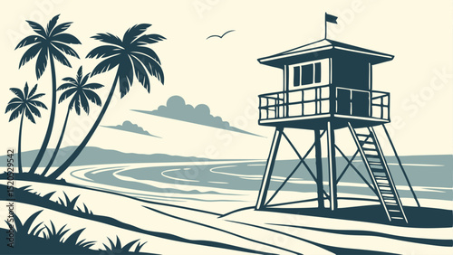 Lifeguard tower on beach with palm trees vector illustration summer scene coast ocean vacation seaside art