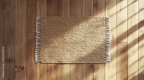 Beige woven rug on light brown wooden floor. photo