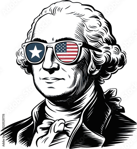 Funny George Washington with American Flag Sunglasses – Hand-Drawn Black and White Patriotic Portrait Vector, First President USA Cartoon Illustration,  Independence Theme