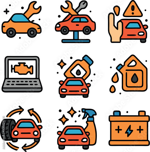 A set of 9 flat design icons showing various car services like oil change, engine check, battery, car wash, and tire rotation. Perfect for automotive apps, websites, and social media content.