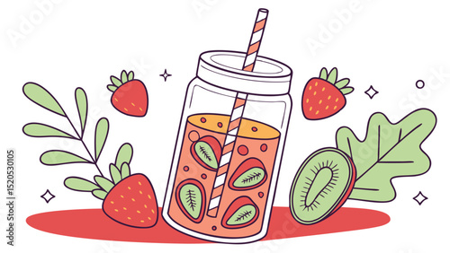 Strawberry kiwi smoothie recipe healthy summer drink refreshing fruit juice mason jar illustration design