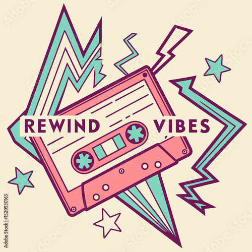 Retro Cassette Tape Design with Rewind Vibes and 80s Elements