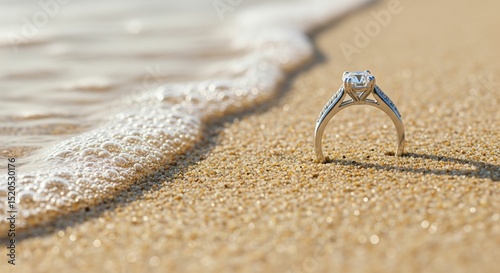 Fototapeta Naklejka Na Ścianę i Meble -  a diamond engagement ring on a sandy beach, with a gentle wave washing ashore.
The ring features a prominent, round-cut center diamond set in a white metal band, possibly white gold or platinum.