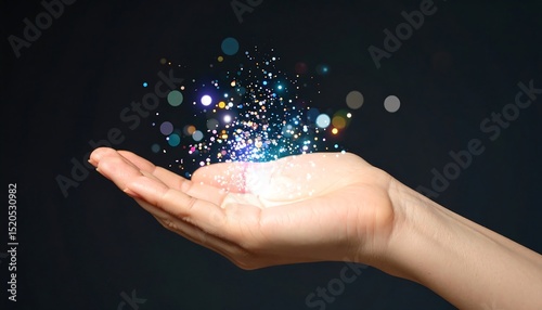 Hand holding glowing particles