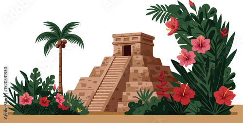 Ancient Mayan Pyramid with Tropical Plants and Palm Tree Vector Illustration 