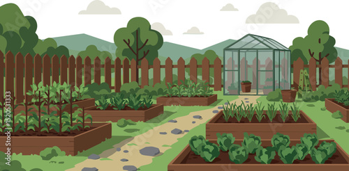 Vegetable Garden with Greenhouse and Raised Beds in Backyard Landscape Illustration 
