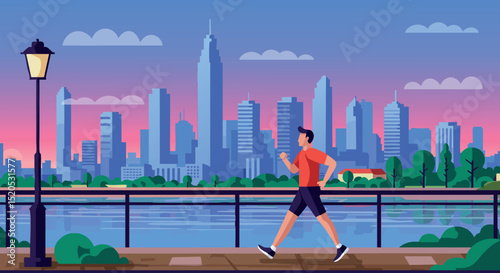 Man Jogging in City Park with Urban Skyline and River at Sunset Vector Illustration 