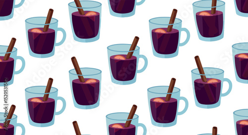 Hot mulled wine beverage with cinnamon stick seamless pattern vector illustration 
