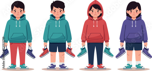 Boys wearing hoodies holding sneakers casual kids fashion vector illustration 