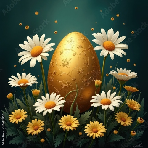 Golden easter egg decorated with daisies and flowers