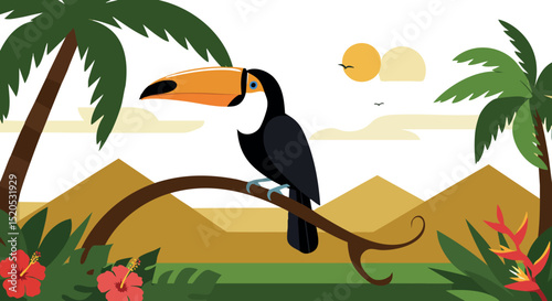 Toucan bird perched on branch with tropical palm trees and mountains vector illustration 