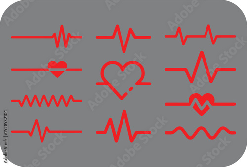 Collection of Red Heartbeat Icons on a Gray Rounded Square Background Representing Heart Health Medical Technology and the Vitality of Life in a Modern Graphic