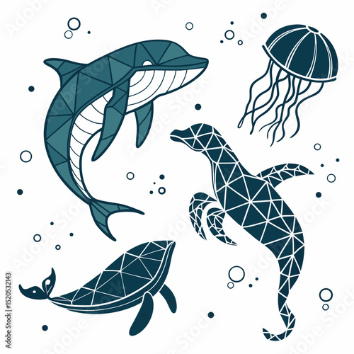 Geometric Sea Animals: Dolphin, Whale, Seal, and Jellyfish
