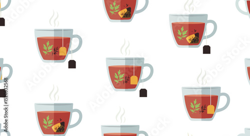 Hot herbal tea cups with tea bags seamless pattern background vector illustration 