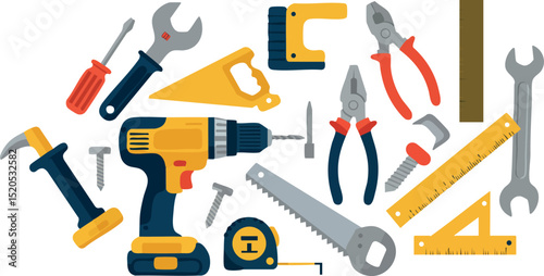 Collection of Hand and Power Tools for Construction and Repair Work Vector Illustration 