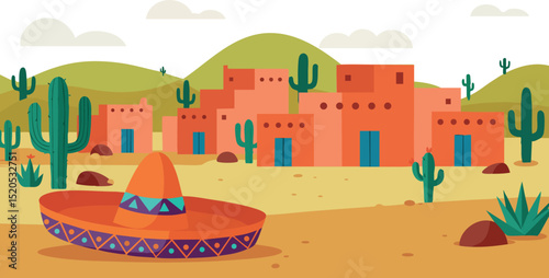 Desert village with traditional adobe houses and sombrero hat landscape illustration 