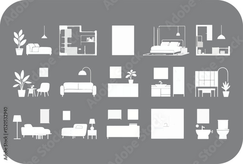White Room Interior Design Icons on Gray Background Living Room Bedroom Bathroom and Dining Room Furniture and Decor Including Plants and Lighting Fixtures