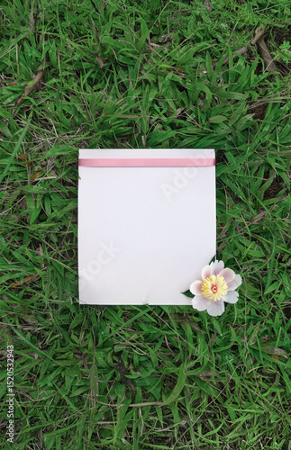 A blank white note card adorned with a pink ribbon and a delicate flower, resting on vibrant green grass.