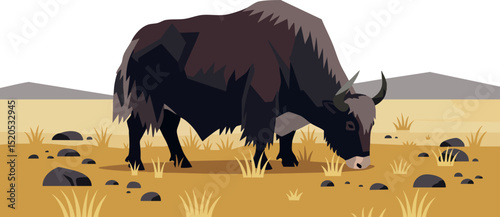 Yak grazing on dry grassland with mountains in background vector illustration 