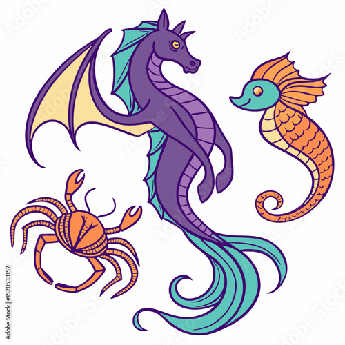 Fantasy Sea Creatures Set: Hippocampus, Seahorse, and Crab