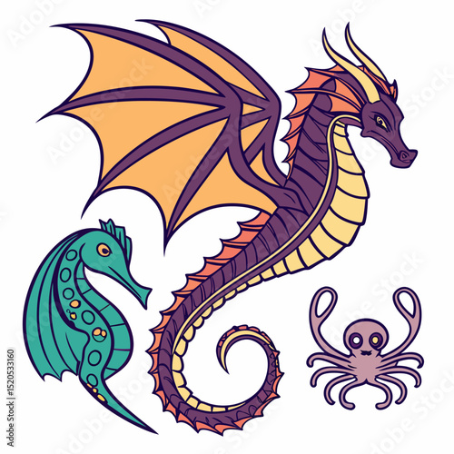 Fantasy Creatures Set: Dragon, Seahorse, and Octopus Illustration