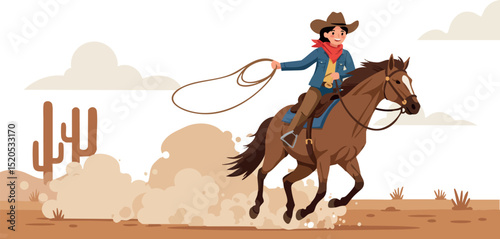 Cowboy riding brown horse in desert with cactus and dust vector illustration 