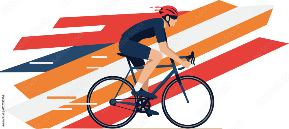Fototapeta premium Male cyclist riding racing bike with colorful red and orange stripes vector illustration 