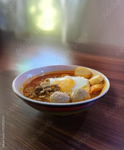 A vibrant bowl of spicy Indonesian noodles (Mie Nyemek) with various toppings, including an egg and meatballs, on a wooden table.