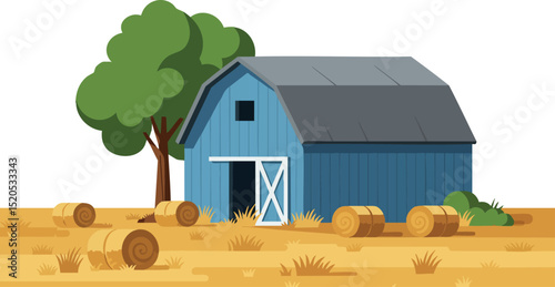 Blue Barn with Tree and Hay Bales in Dry Field Rural Landscape Illustration 
