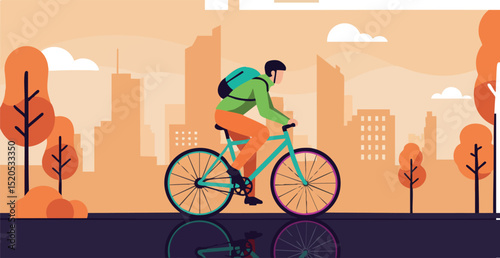 Man riding bicycle on city street with autumn trees in orange hues vector illustration 