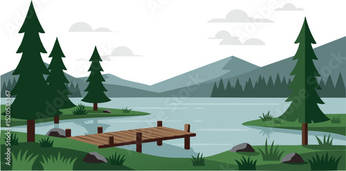 Mountain Lake Landscape with Wooden Pier and Pine Trees Natural Scenery Vector 