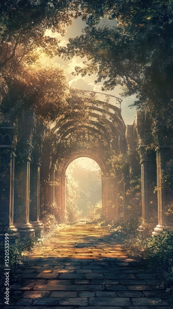 Fototapeta premium Enchanting pathway through ancient stone ruins, illuminated by sunlit nature