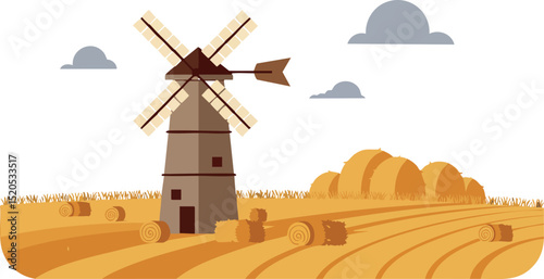 Windmill in golden wheat field with hay bales and cloudy sky vector illustration 