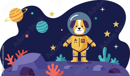 Dog in astronaut suit exploring colorful planets and stars space scene vector illustration 