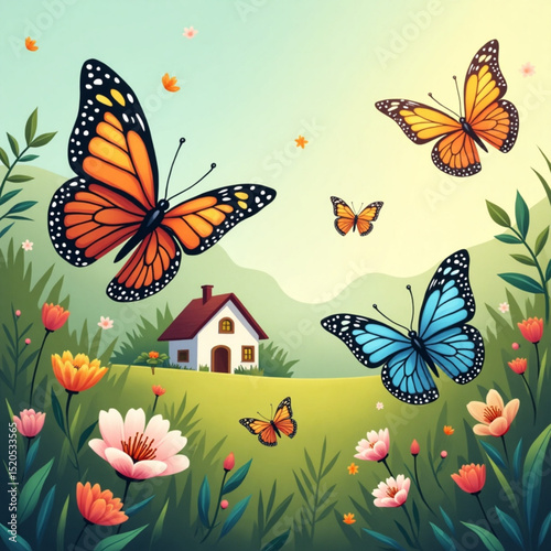 butterflies and flowers in spring