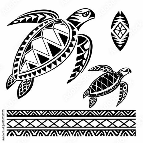 Polynesian Tribal Turtle and Pattern Vector Art Set