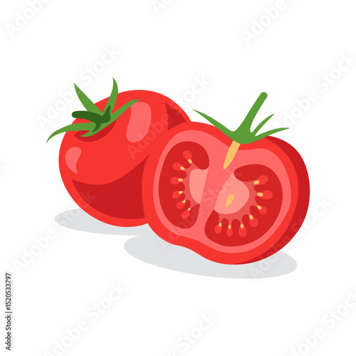 One whole and one half red tomato with green stems, fresh produce.