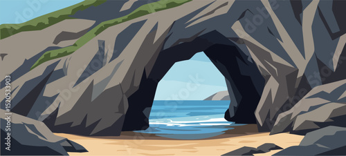 Natural rock arch formation overlooking calm sea and sandy beach in landscape view 