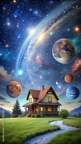 Dream futuristic cottage floating in universe space themed vertical image for phone screen marketing luxury real estate agency content laralara for creating ads news