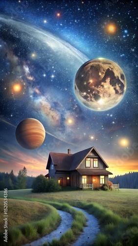 Vertical phone image of futuristic countryside house surrounded by stars planets in space perfect for real estate business advertisement or branding laralara for creating ads news