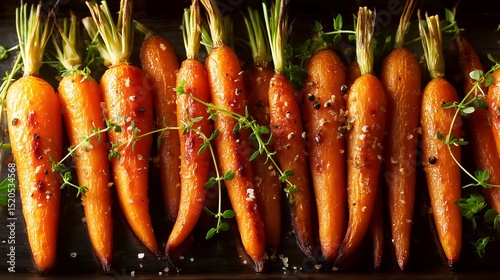 Whole baby carrots roasted to perfection, garnished with sea salt, peppercorns, and fresh thyme on a dark baking tray