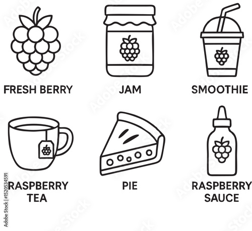 Raspberry Food Products Icons – Black and White Vector Set