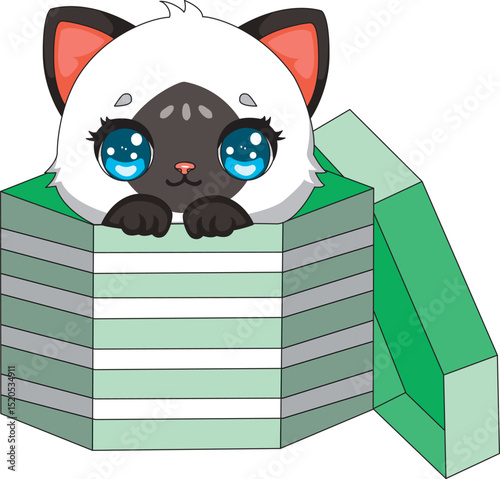 Siamese Cat Peeking Out Of A Gift Box Vector