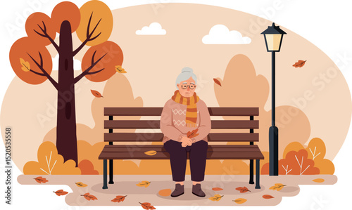 Elderly Woman Sitting on Park Bench in Autumn Season with Falling Leaves Vector Illustration 