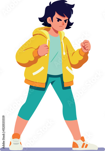 Young Boy Wearing Yellow Jacket Standing in Fighting Stance Vector Illustration 