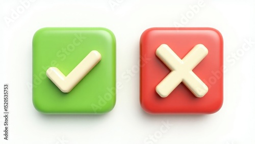 3d rendered green check mark and red cross buttons