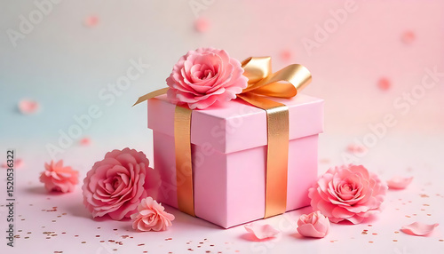 Pink and Gold Gift Box with Carnations and Confetti on Pastel Background