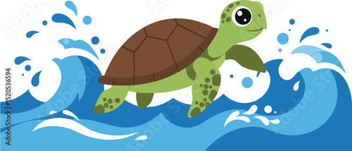 Cute green turtle swimming in blue ocean waves vector illustration 