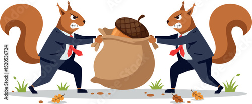 Two squirrels in suits holding large acorn bag illustration with scattered nuts vector 